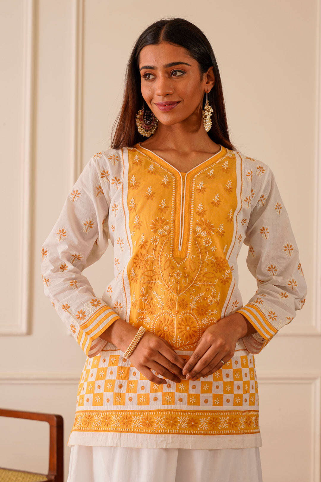 Dreamy Dark Yellow & White Cotton Short Kurta