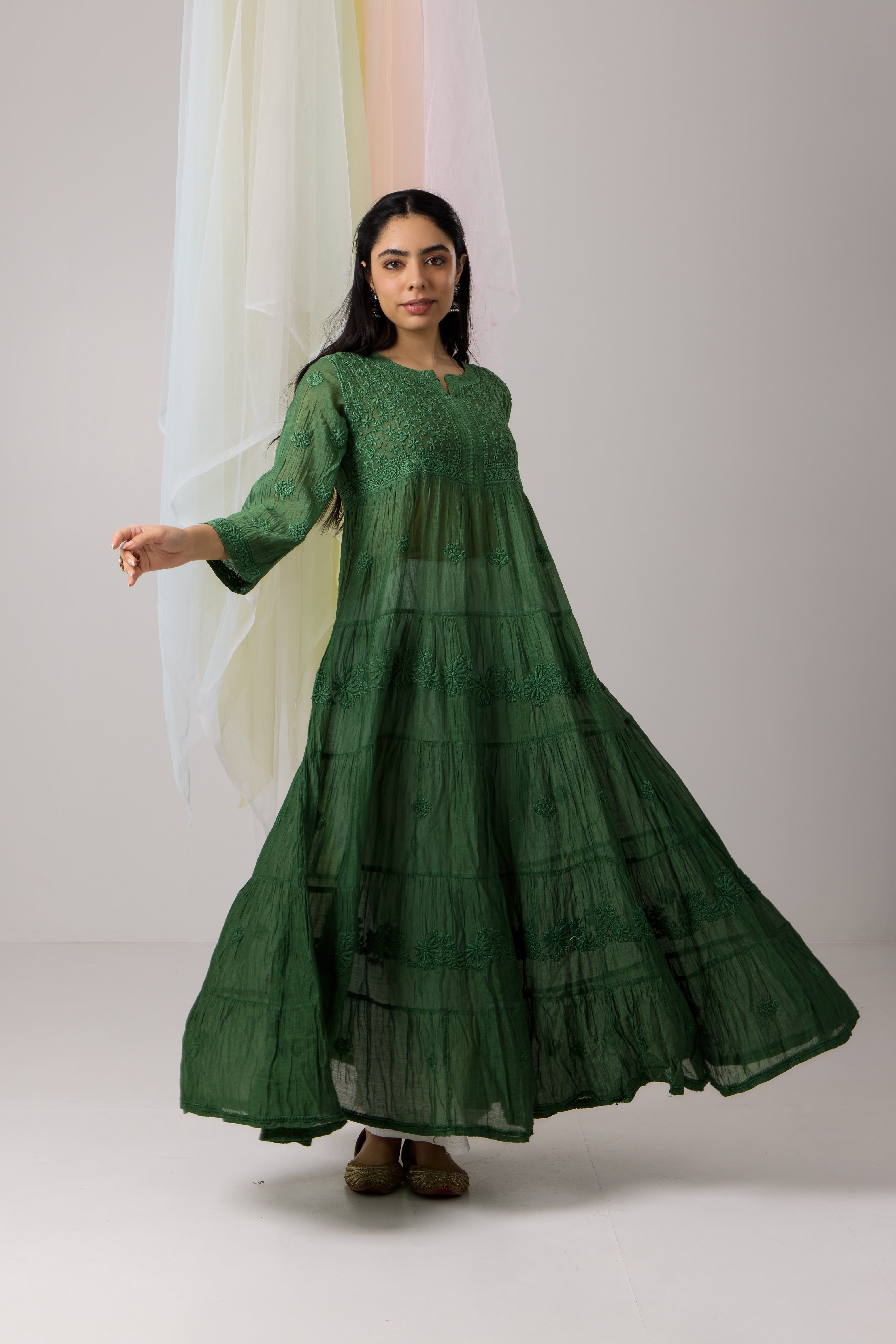 Enigmatic Dark Green Chikankari Mul Chanderi Flared Dress House Of Awadh Enigmatic Dark Green Chikankari Mul Chanderi Flared Dress House Of Awadh