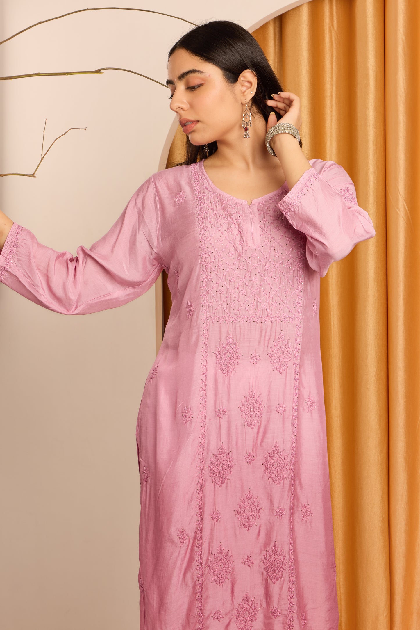 Enchanting Rose Pink Chikankari Muslin Kurti with Mukaish work