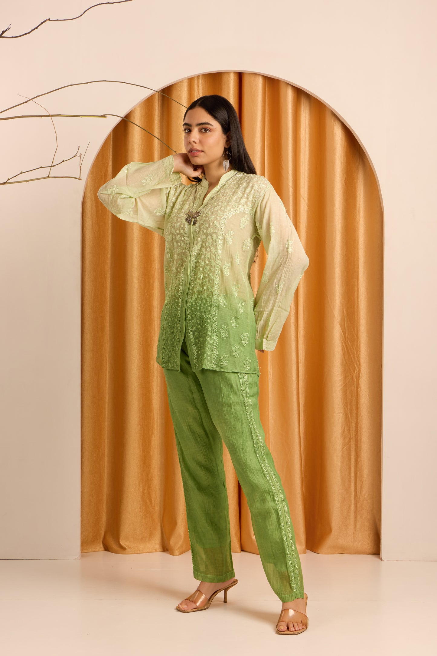 Pastoral Pistachio Green Chikankari Mul Chanderi Ombre Set
