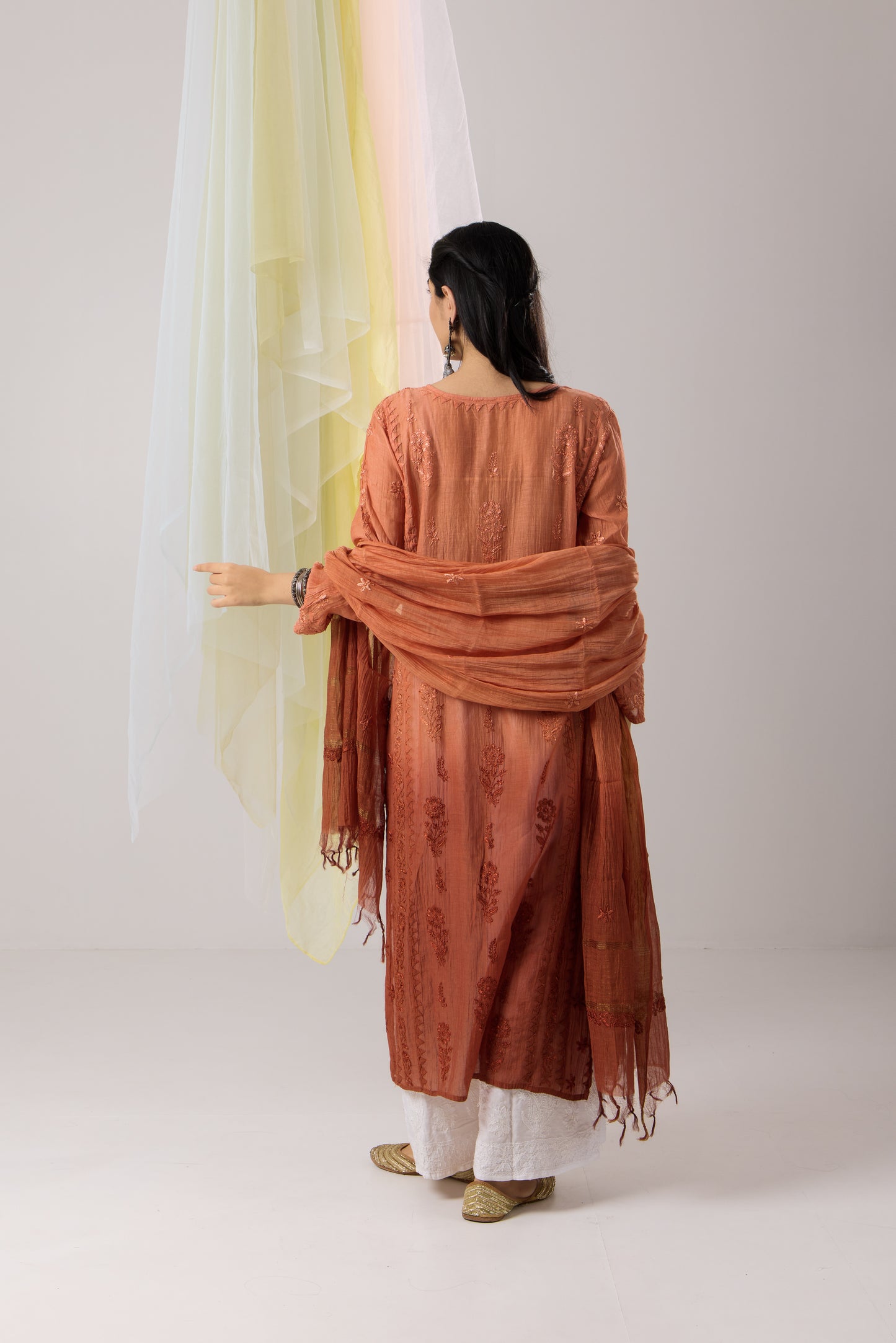 Rustic Rust Orange Ombre Kurta Mul Chikankari Dupatta Set with Daraj Work