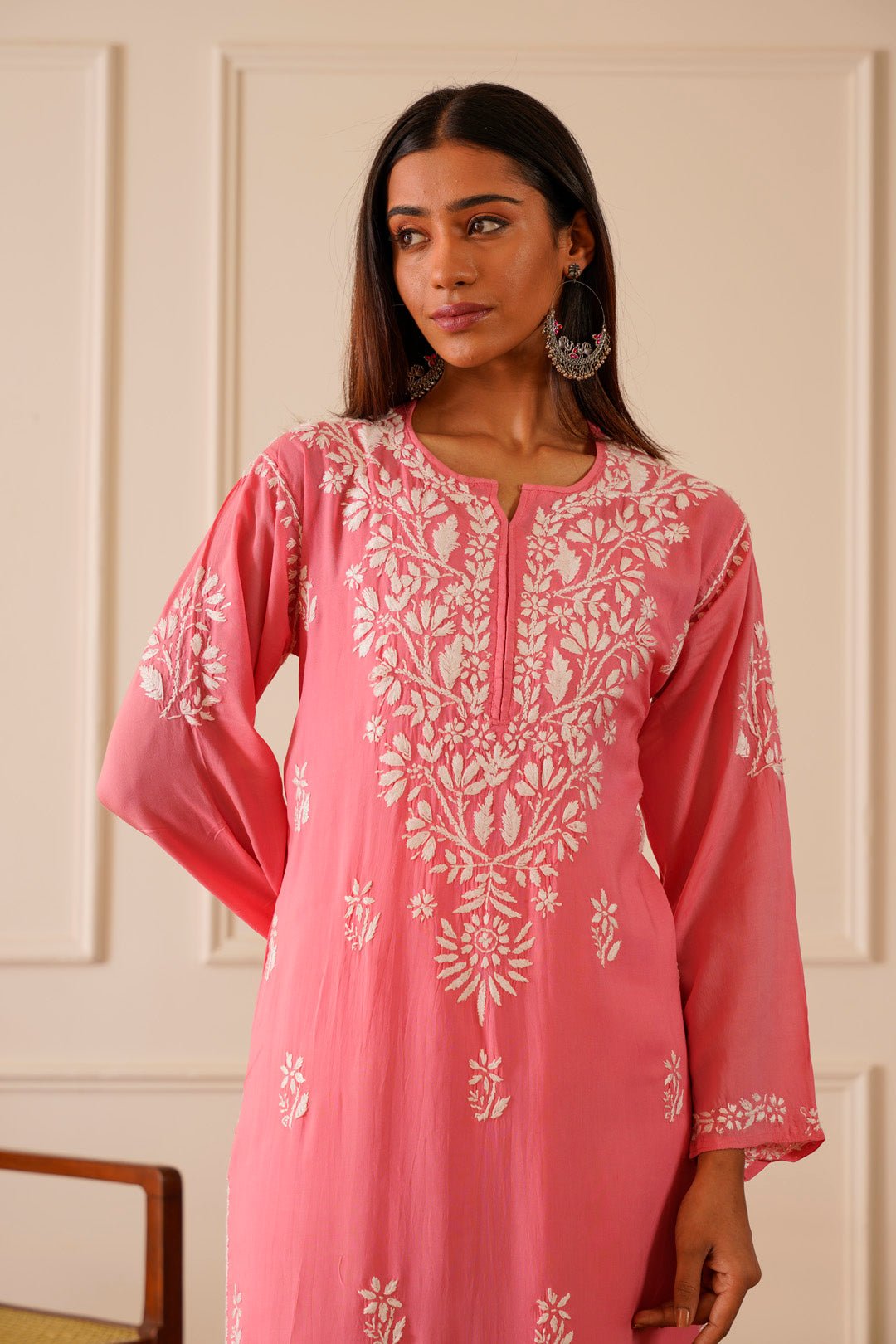 Charming Pink Modal Straight Kurta - House Of Awadh