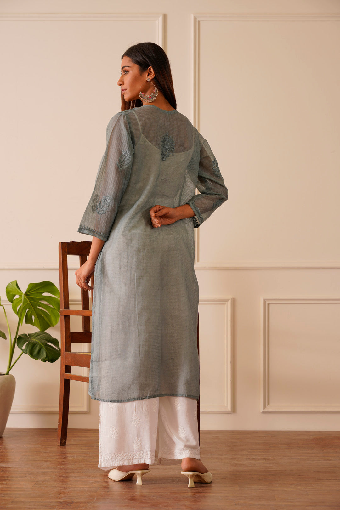 Graceful Grey Kota Doria Straight Kurta