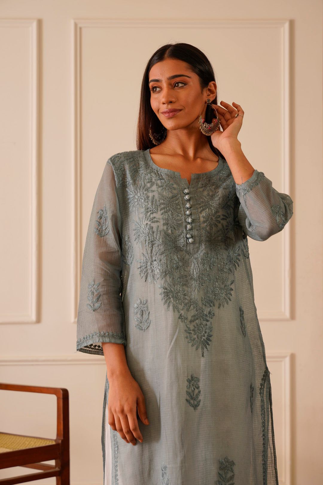 Graceful Grey Kota Doria Straight Kurta