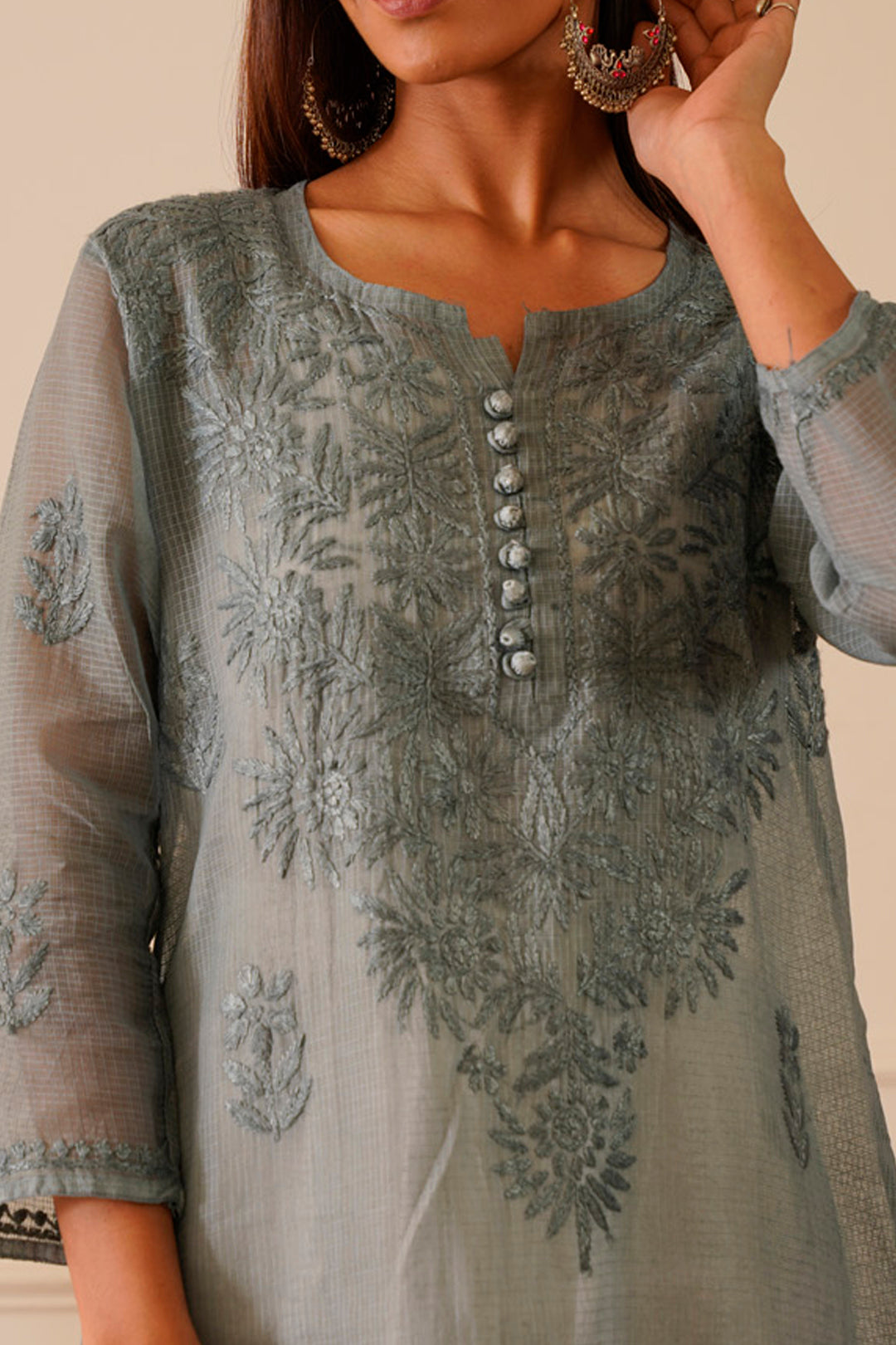 Graceful Grey Kota Doria Straight Kurta