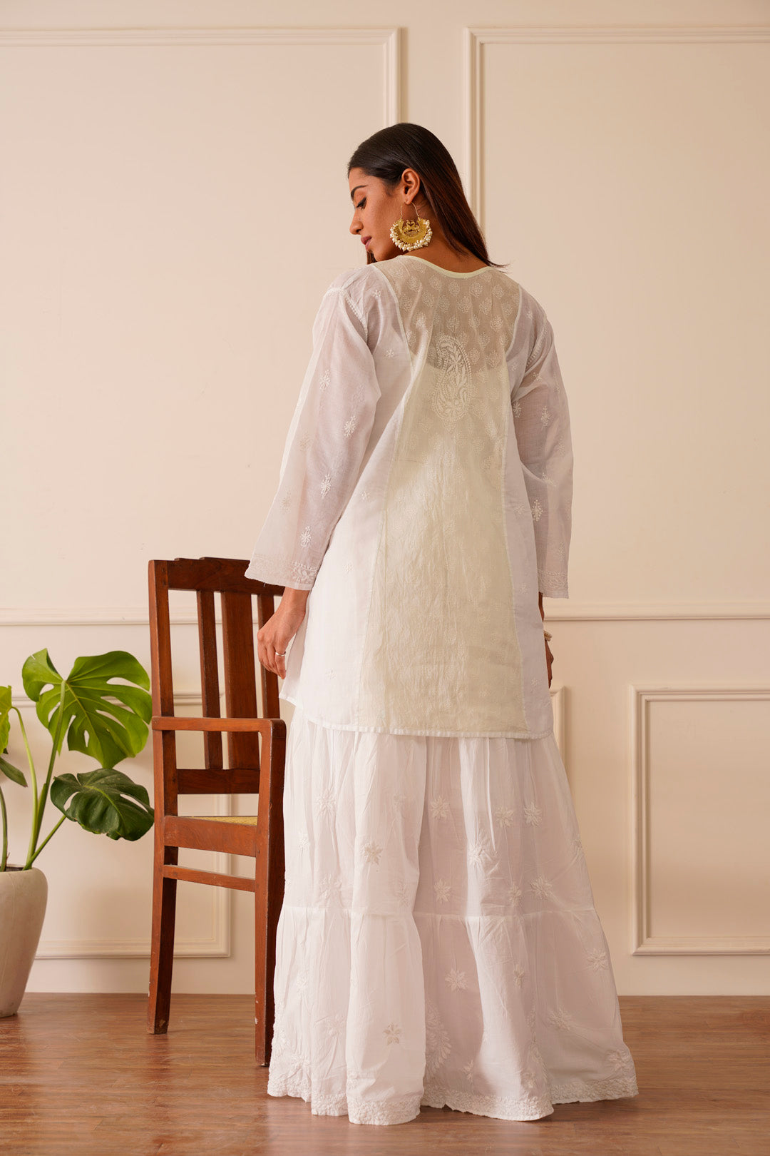 Vibrant White Mint Green Work Cotton Short Kurta