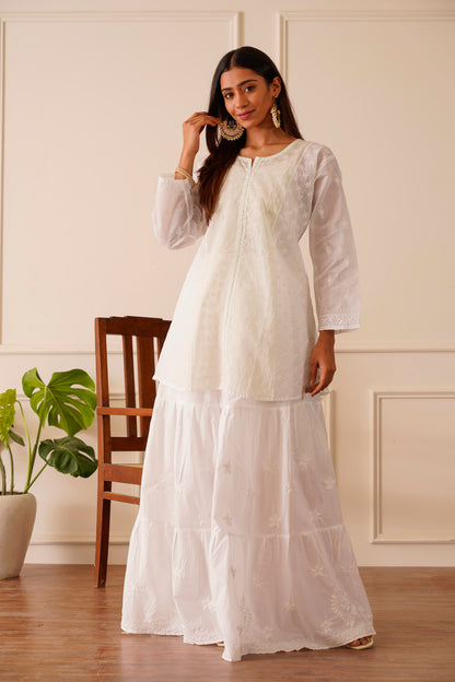 Vibrant White Mint Green Work Cotton Short Kurta