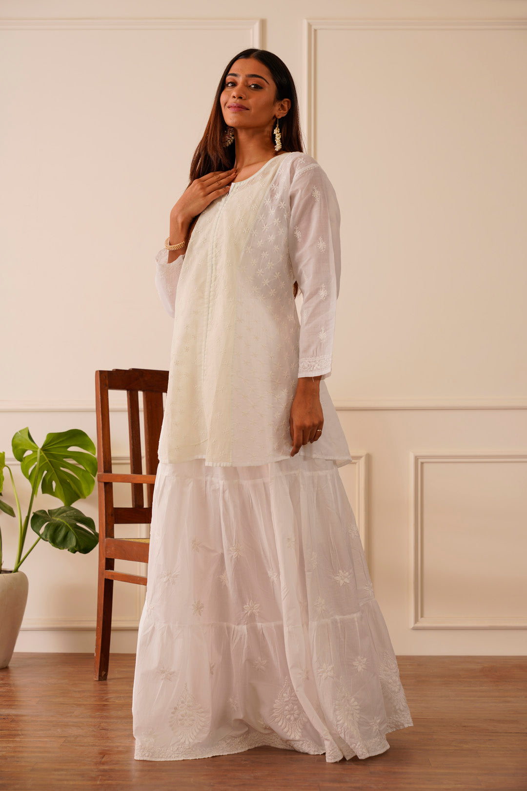 Vibrant White Mint Green Work Cotton Short Kurta