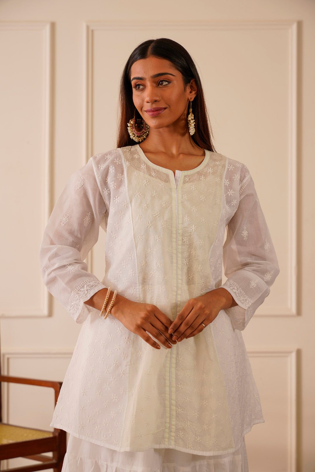 Vibrant White Mint Green Work Cotton Short Kurta