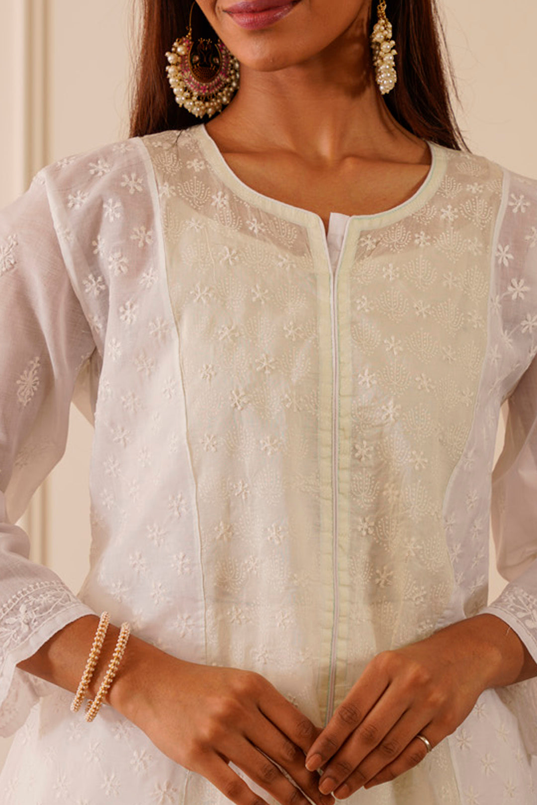 Vibrant White Mint Green Work Cotton Short Kurta