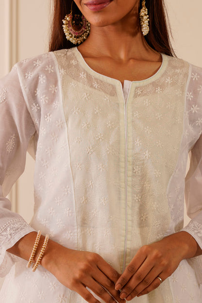 Vibrant White Mint Green Work Cotton Short Kurta