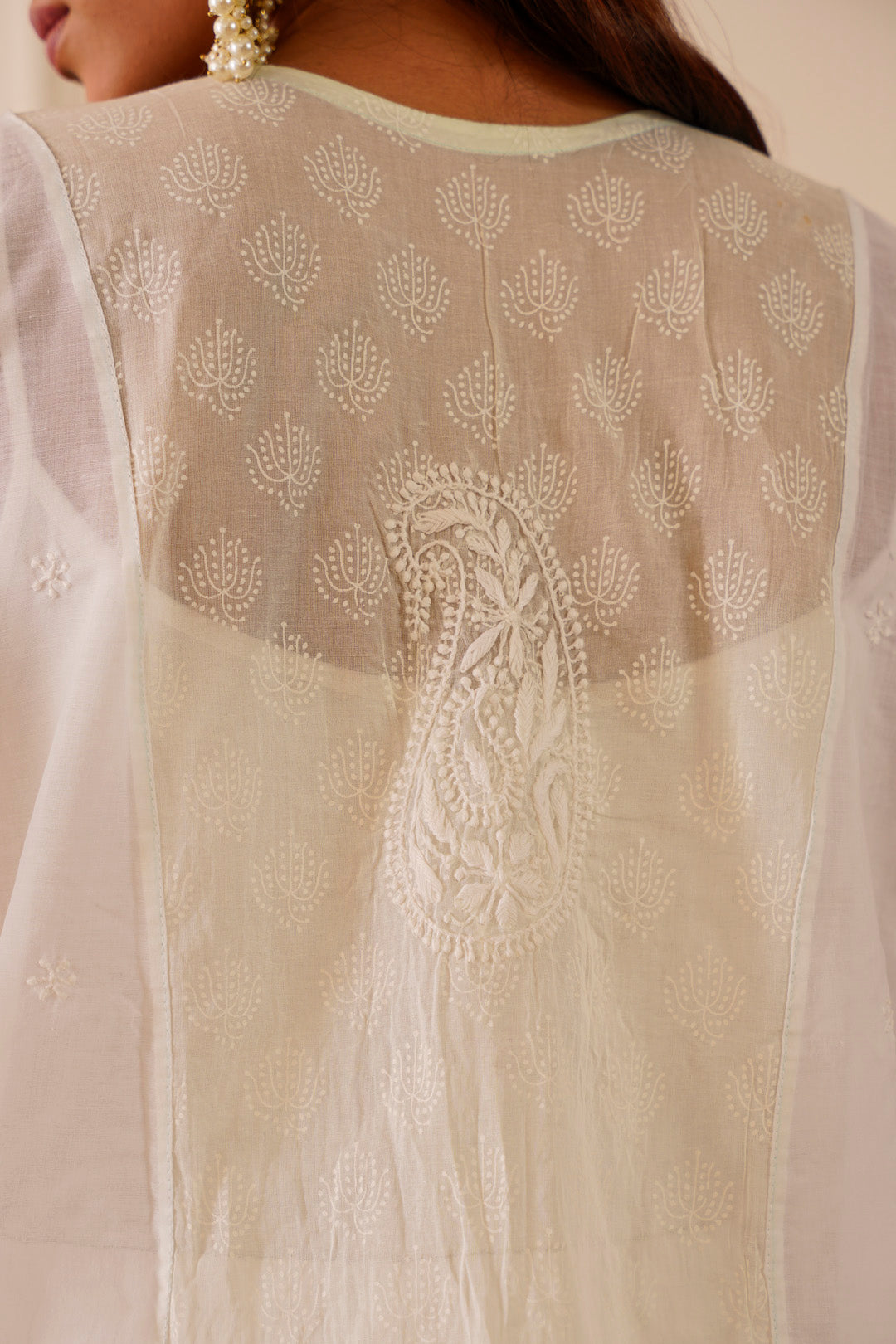 Vibrant White Mint Green Work Cotton Short Kurta