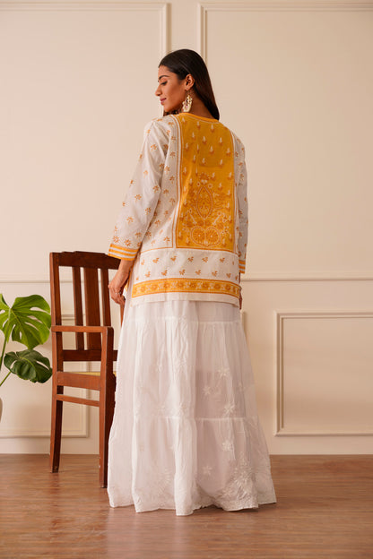 Dreamy Dark Yellow & White Cotton Short Kurta