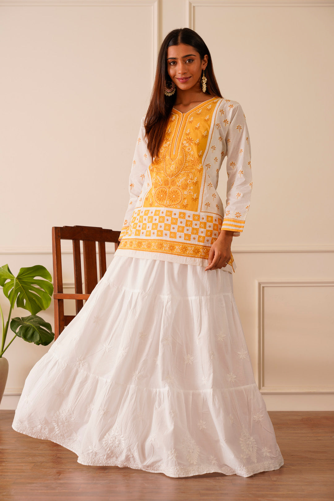 Dreamy Dark Yellow & White Cotton Short Kurta