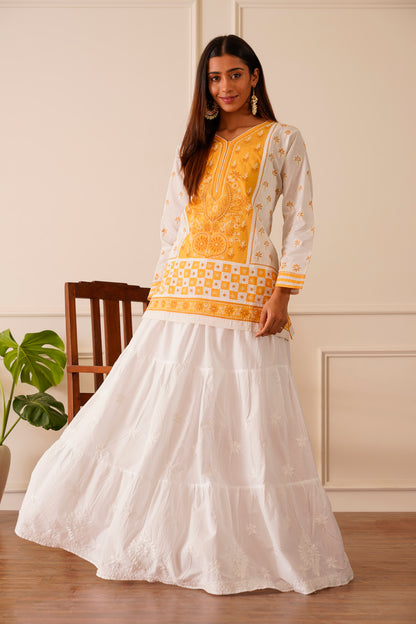 Dreamy Dark Yellow & White Cotton Short Kurta