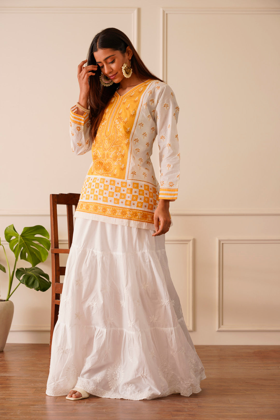 Dreamy Dark Yellow & White Cotton Short Kurta