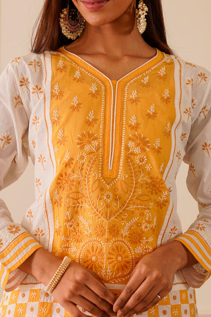 Dreamy Dark Yellow & White Cotton Short Kurta