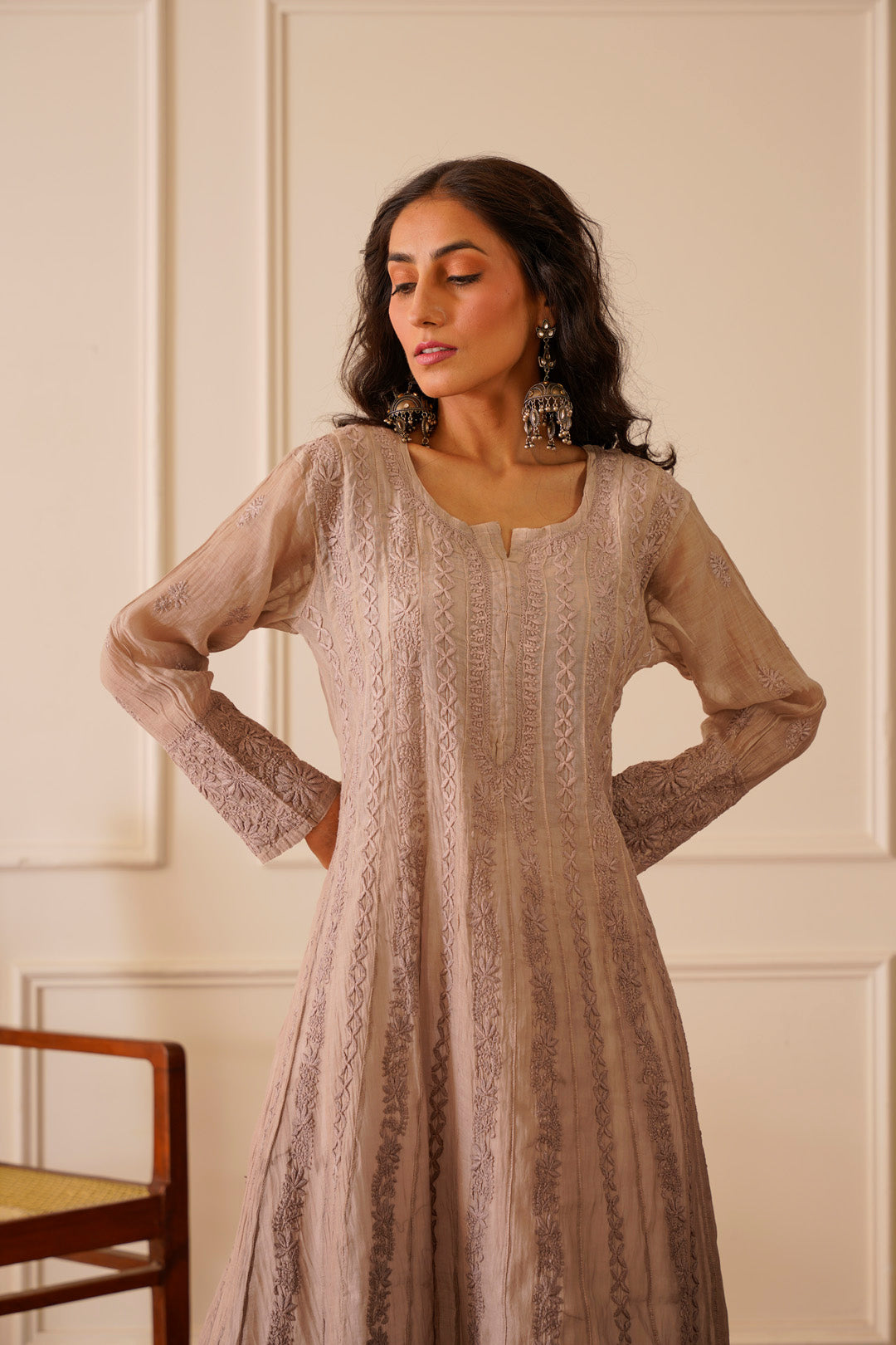 Lustrous Light Grey Mulmul Aline Kurti
