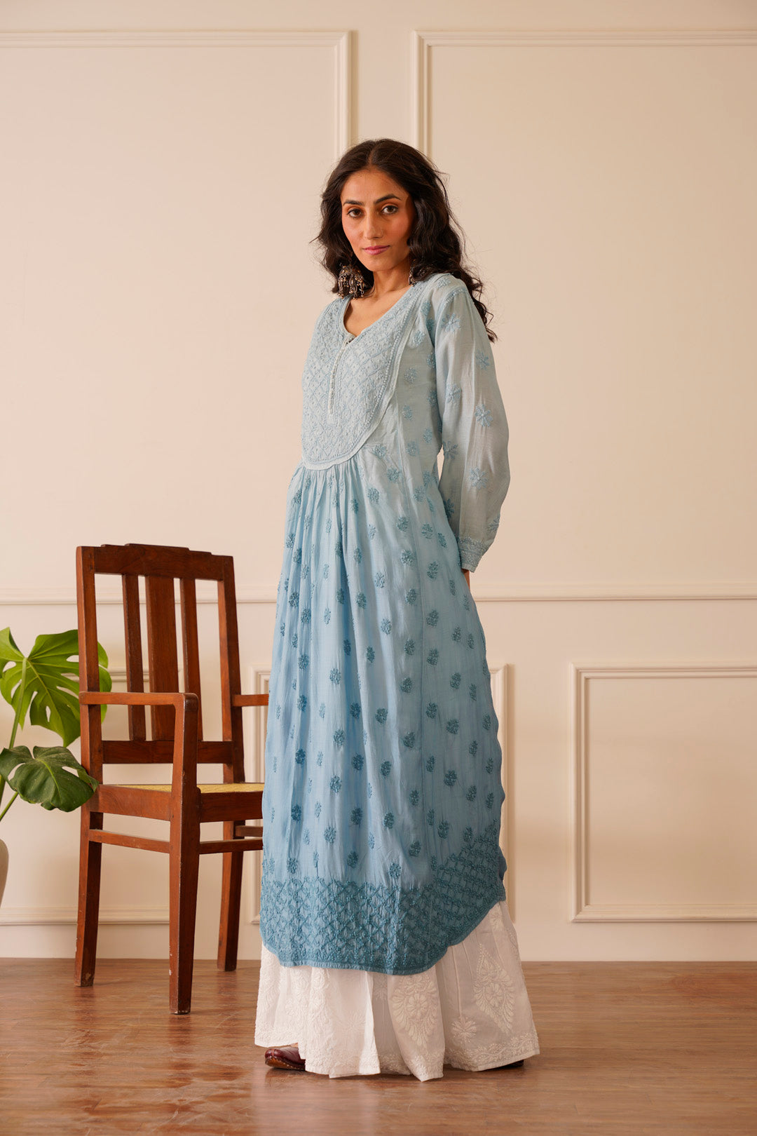Elegant Light Glacier Lake Muslin Aline Kurti