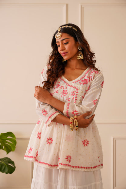 Magnificent White Mul Chanderi Short Kurti