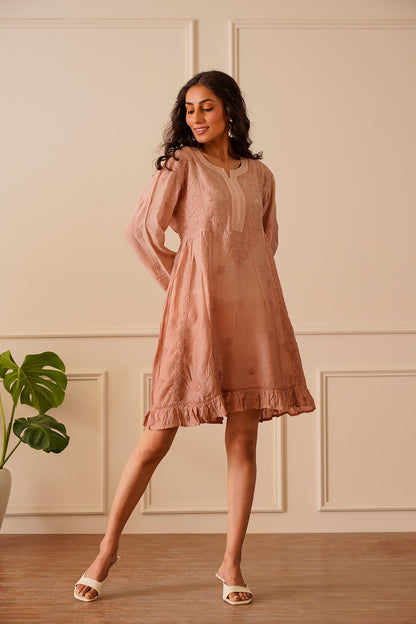 Beautiful Salmon Pink Muslin Short Kurti Dress