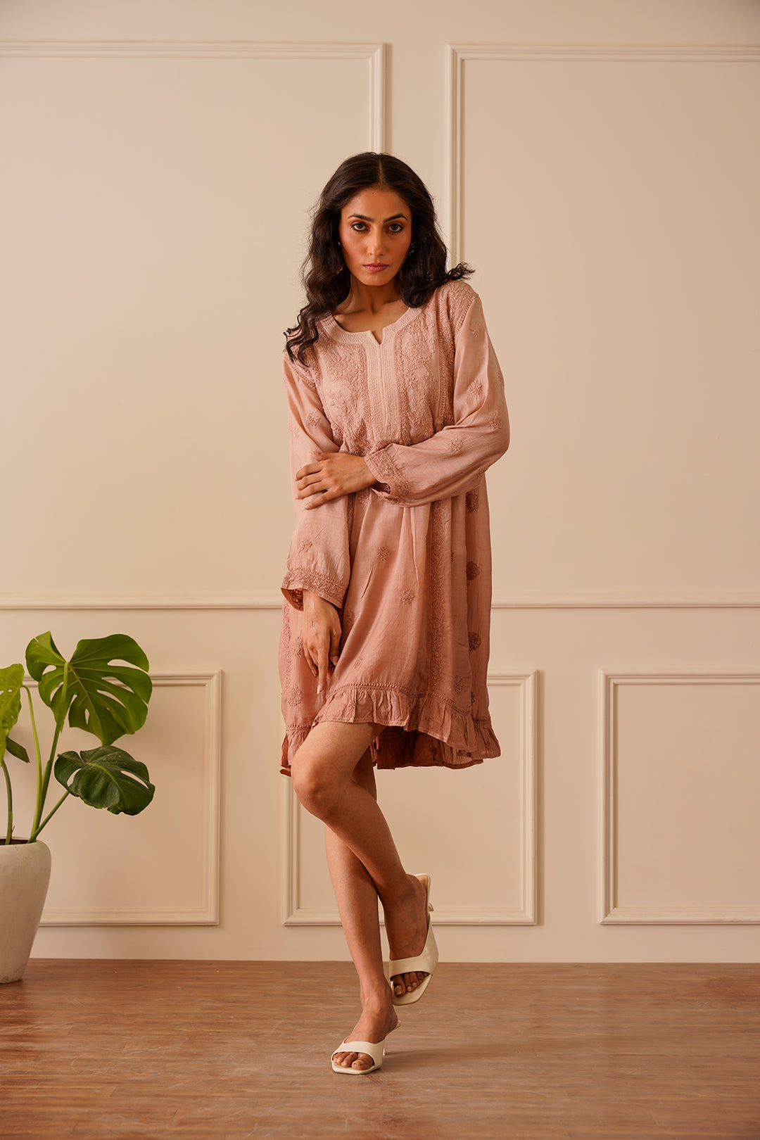 Beautiful Salmon Pink Muslin Short Kurti Dress