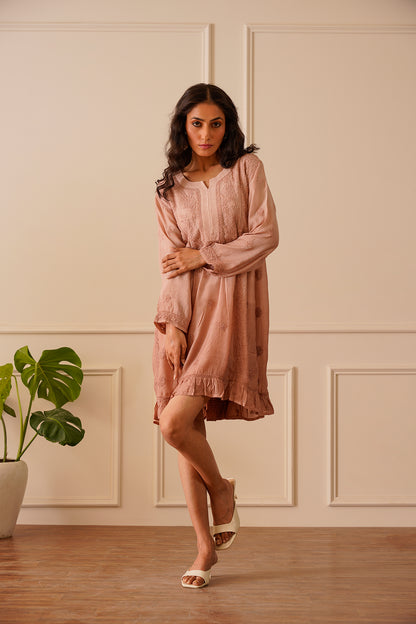 Beautiful Salmon Pink Muslin Short Kurti Dress