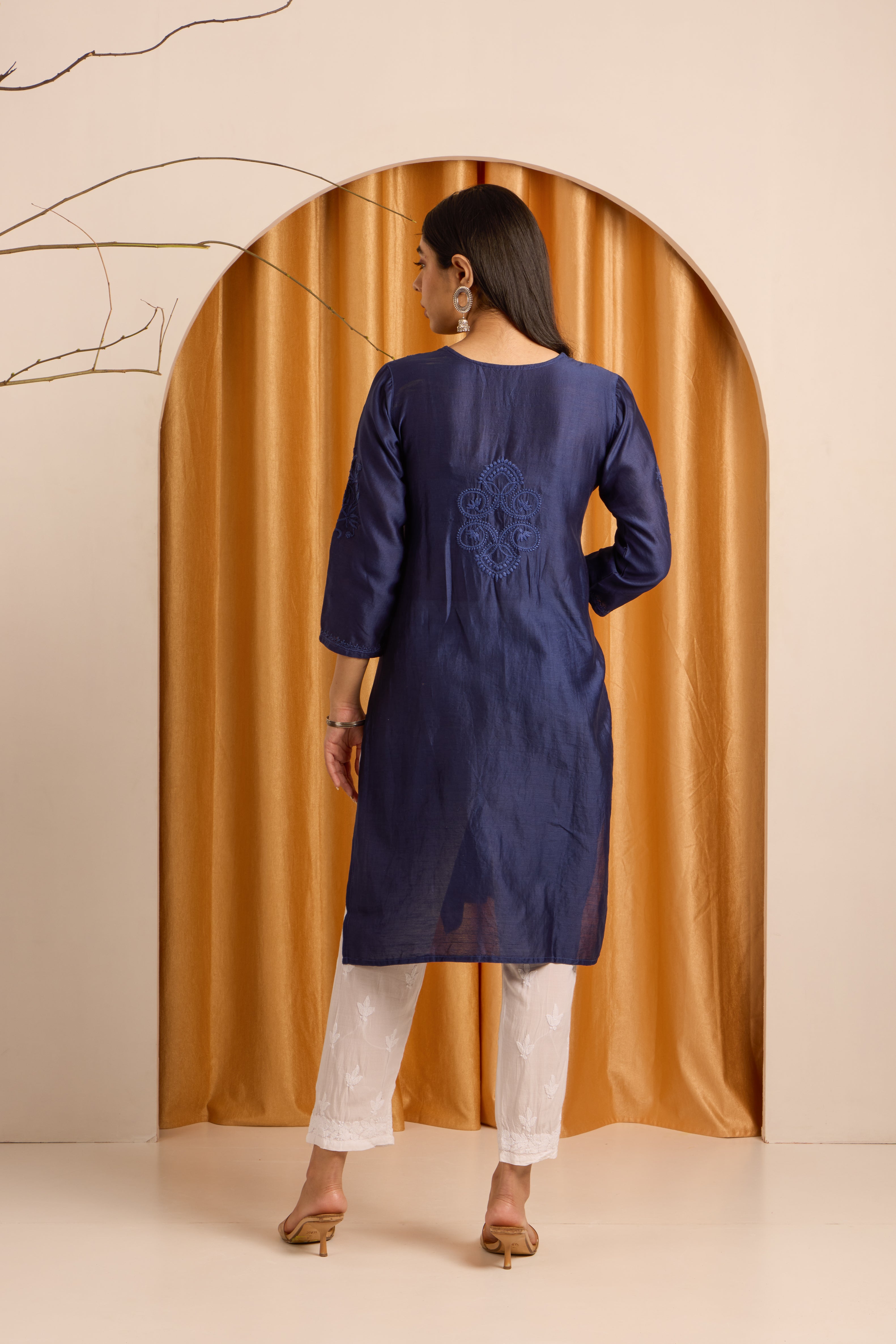 Navy Majesty Chikankari Pure Chanderi Kurti