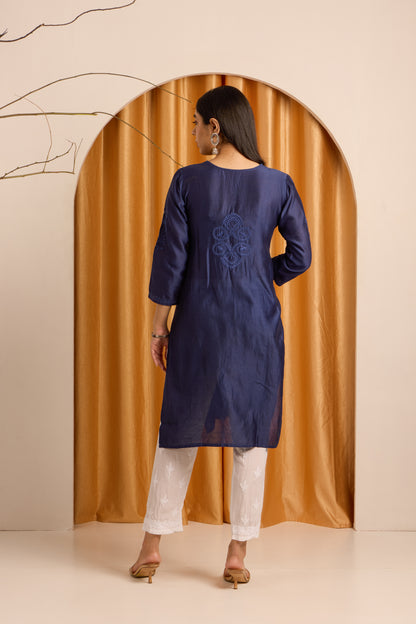 Navy Majesty Chikankari Pure Chanderi Kurti