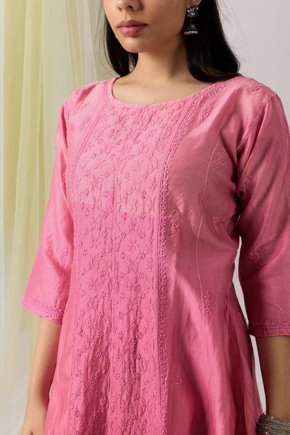 Radiant Bubblegum Pink Chikankari Pure Chanderi Anarkali