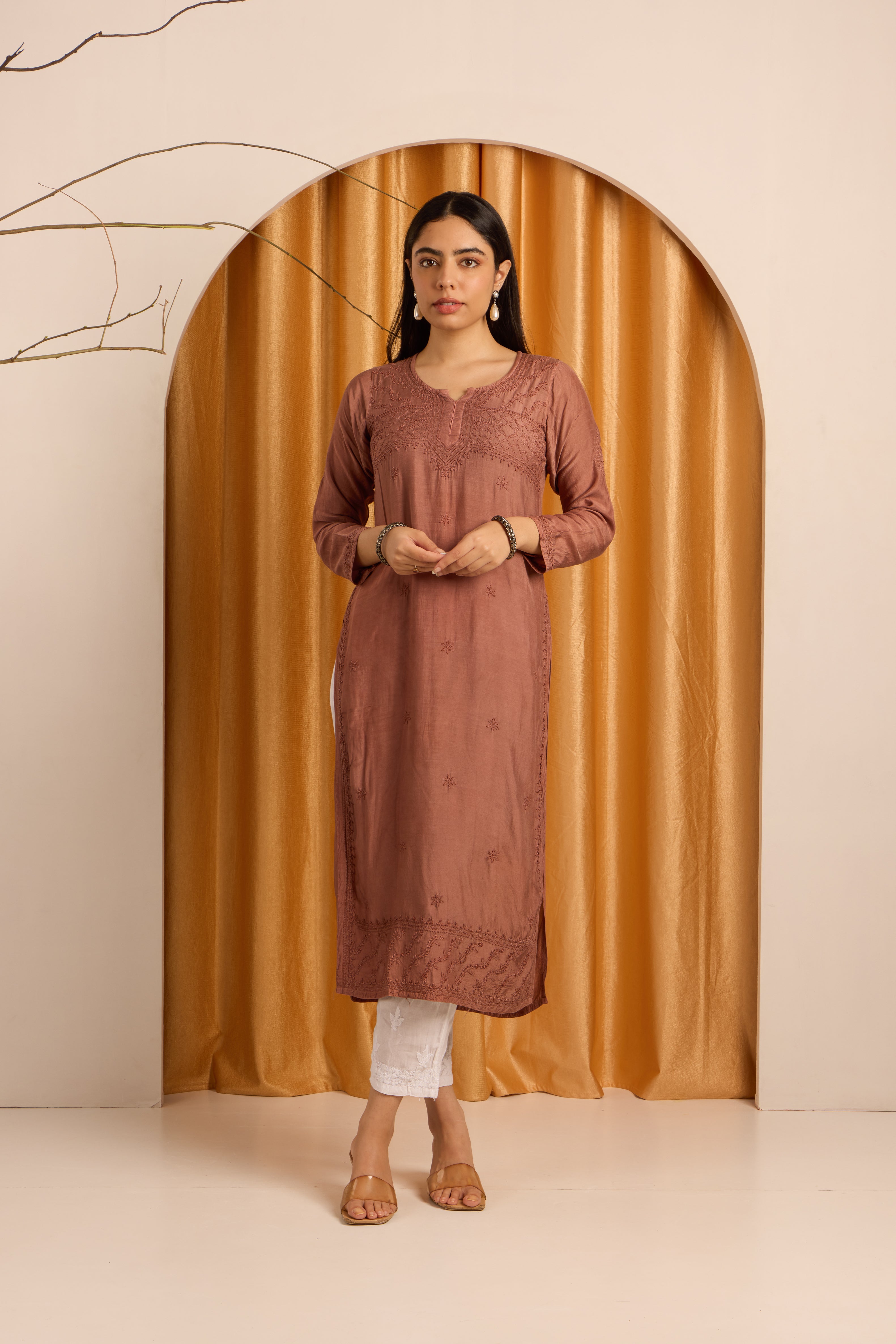 Rustic Cherry Wood Chikankari Brown Kurti