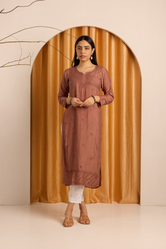 Rustic Cherry Wood Chikankari Brown Kurti