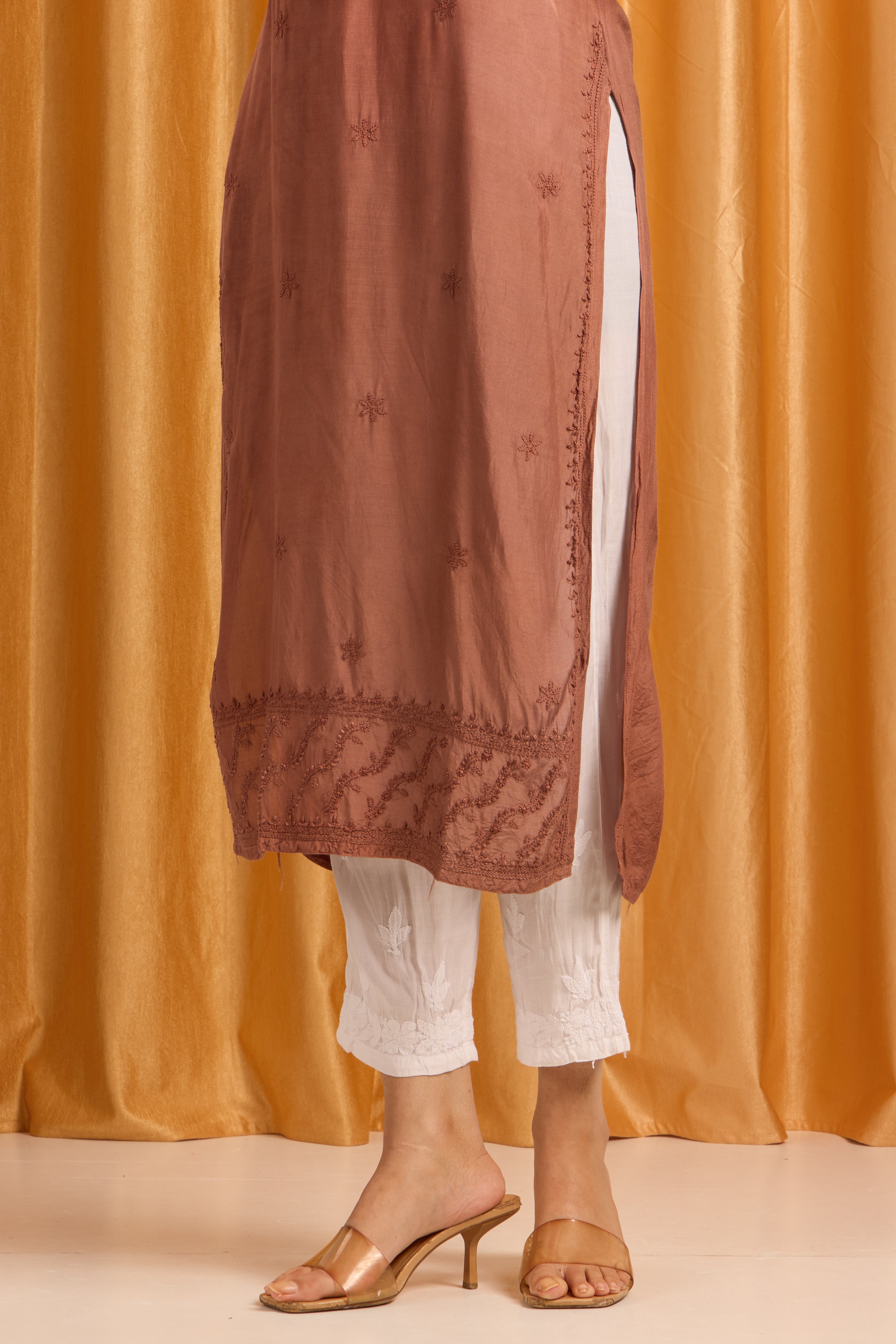 Rustic Cherry Wood Chikankari Brown Kurti