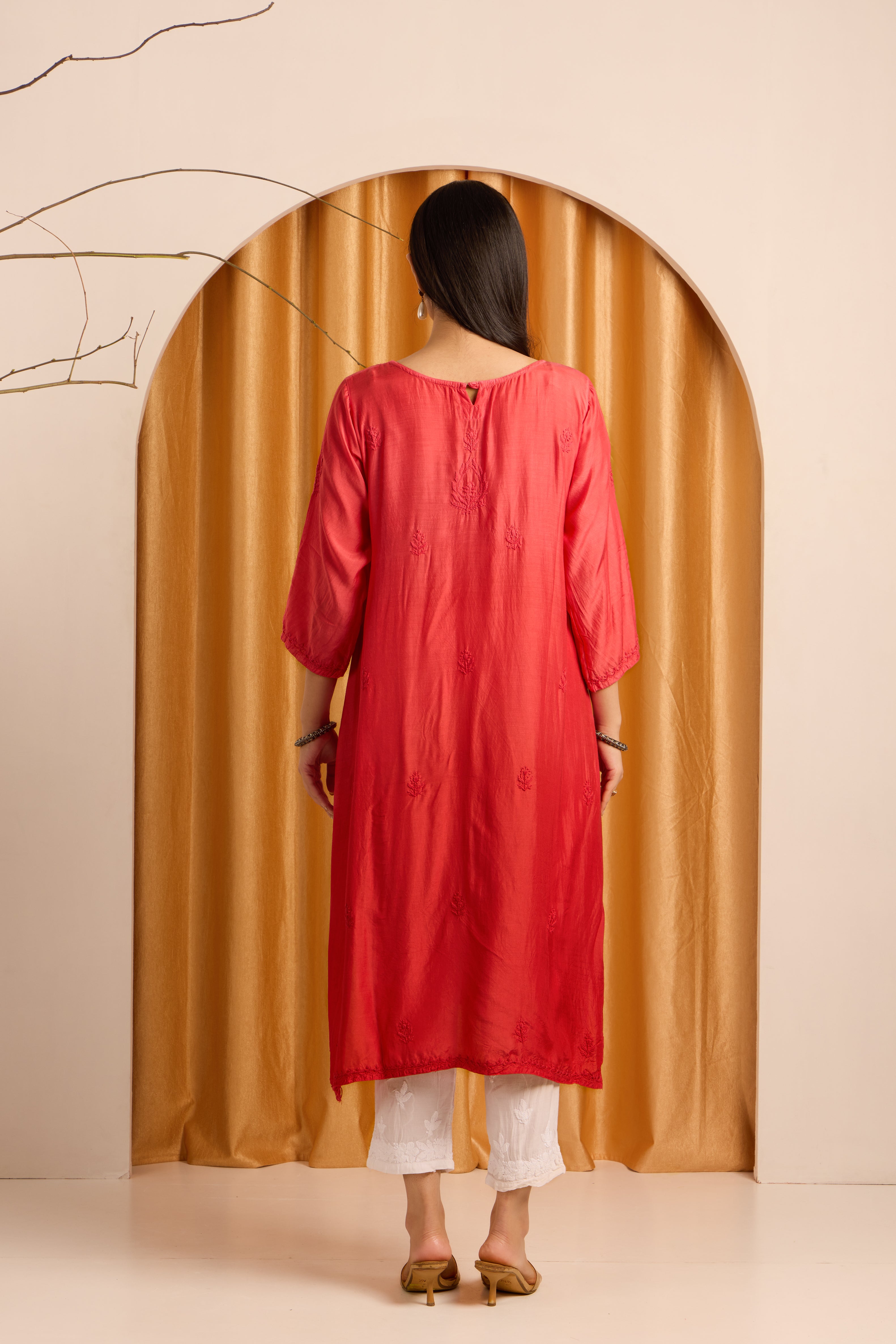 Vibrant Crimson Red Chikankari Ombre Kurti