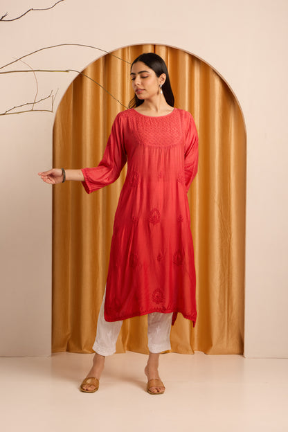 Vibrant Crimson Red Chikankari Ombre Kurti
