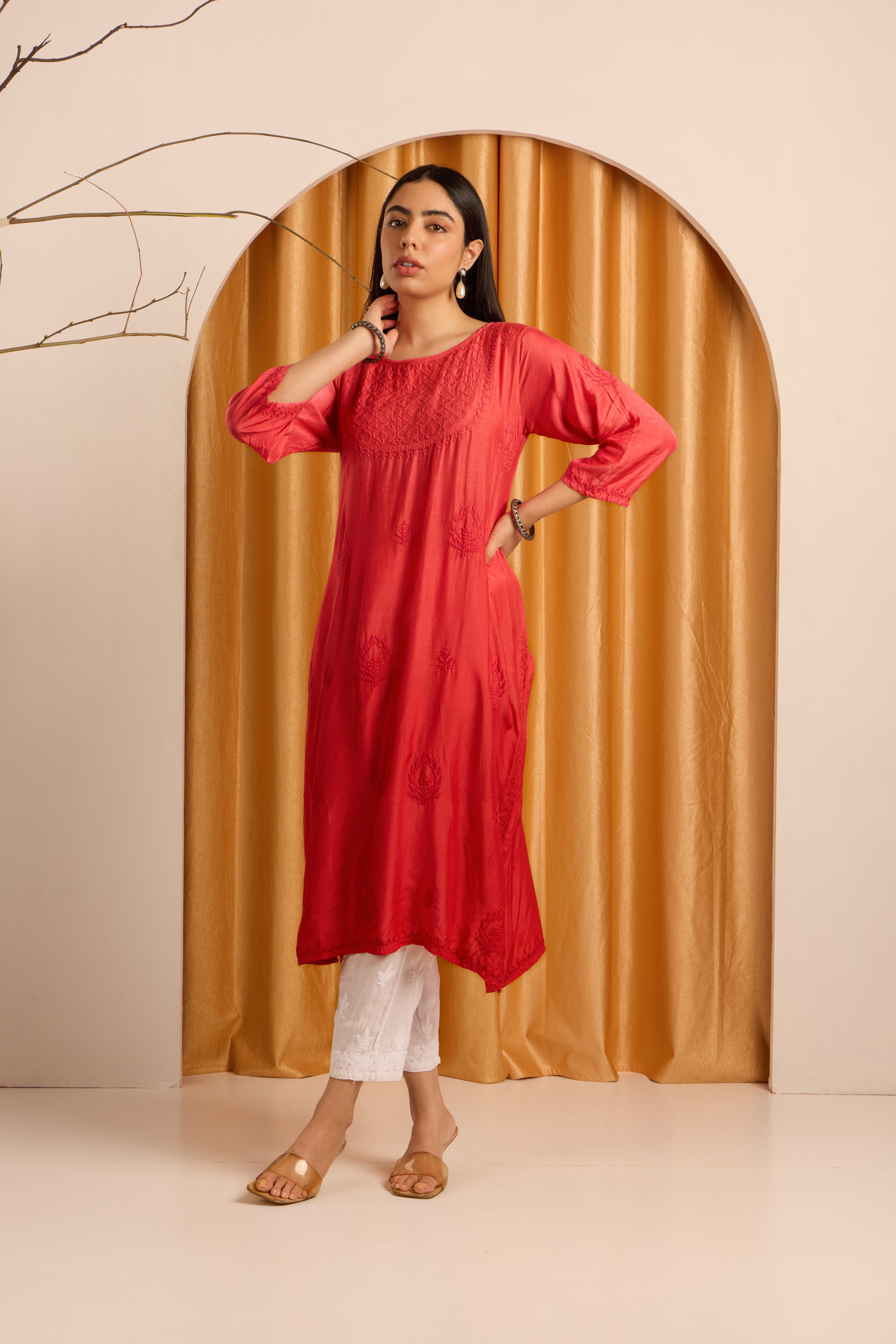 Vibrant Crimson Red Chikankari Ombre Kurti