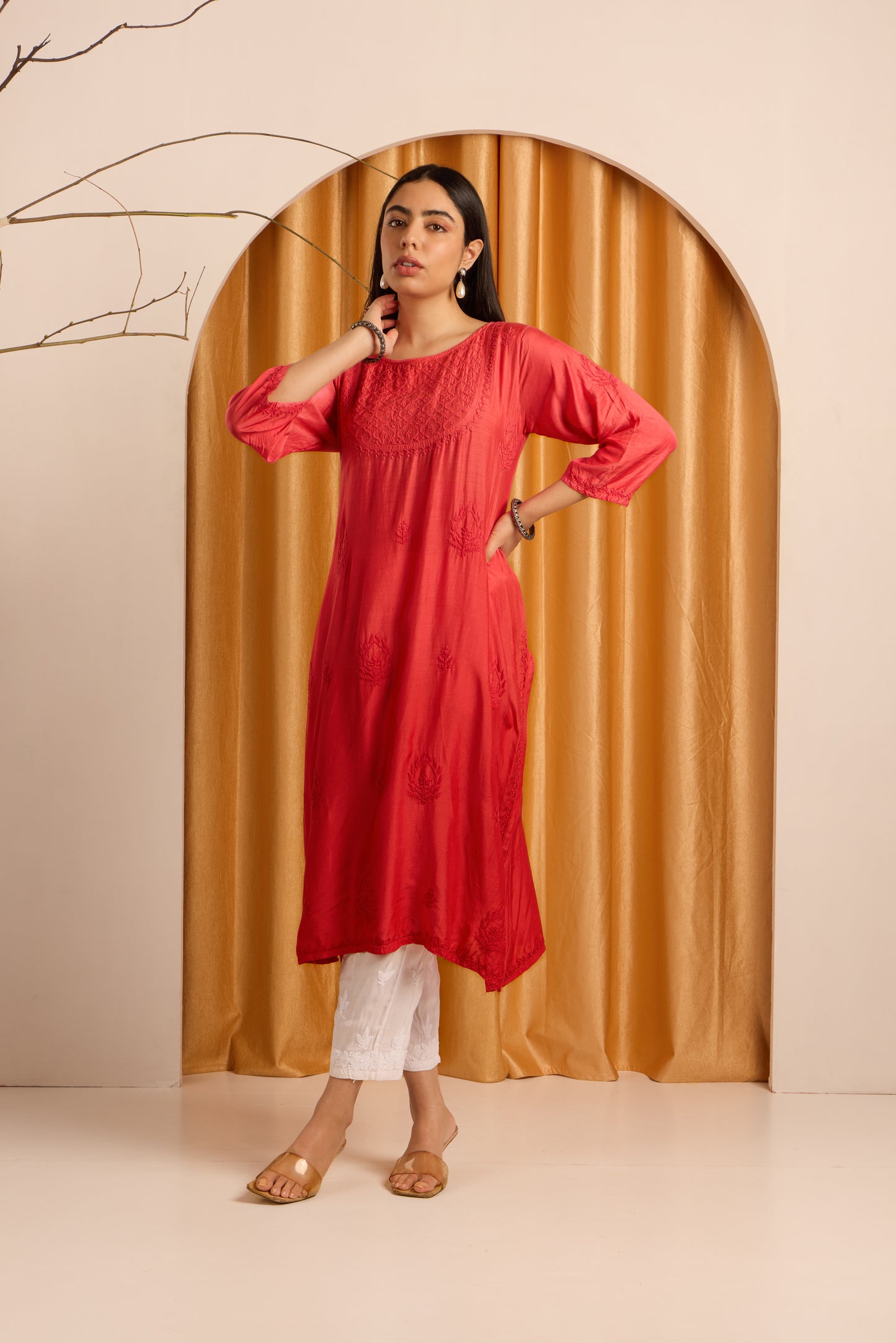 Vibrant Crimson Red Chikankari Ombre Kurti