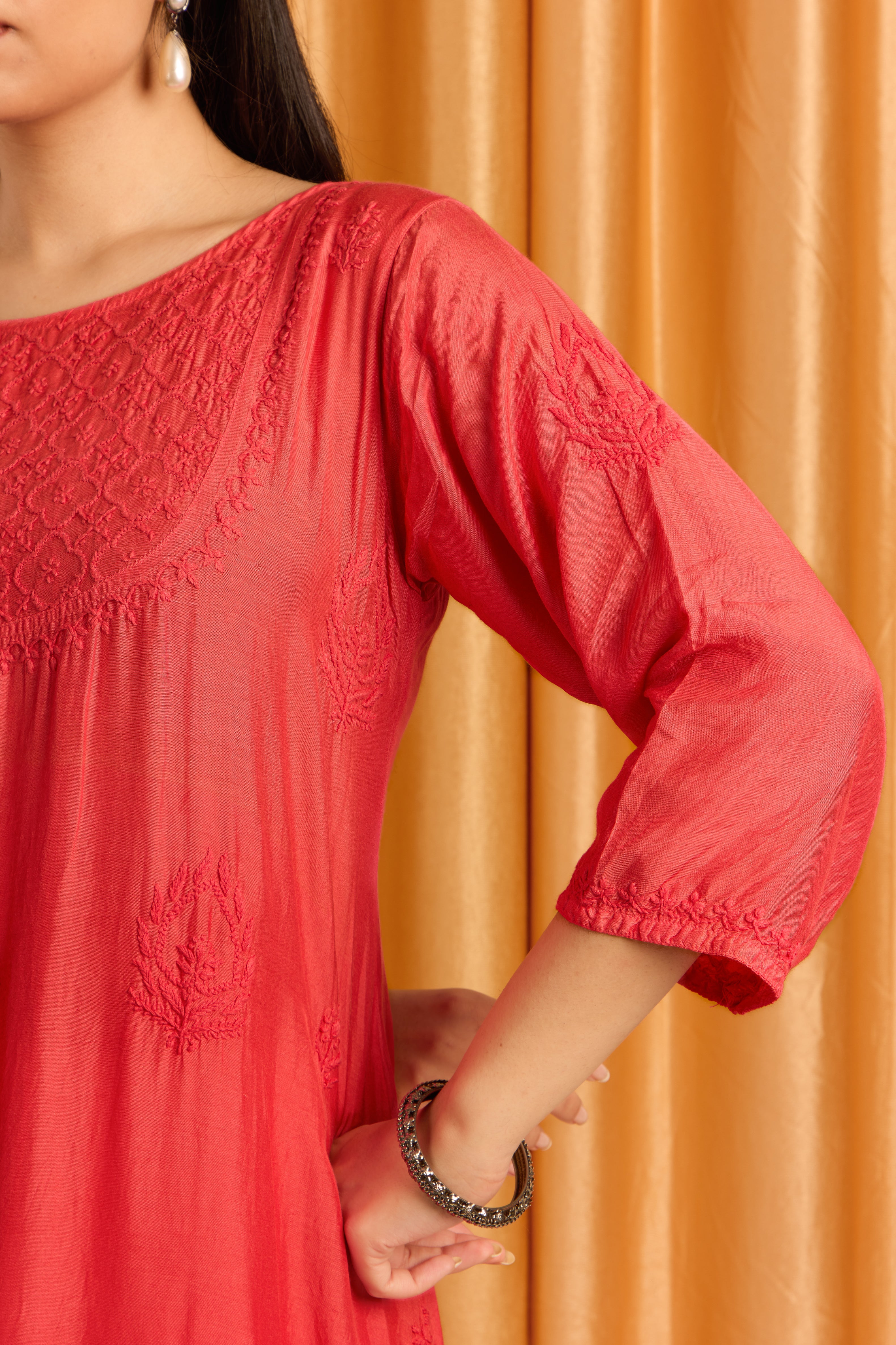 Vibrant Crimson Red Chikankari Ombre Kurti