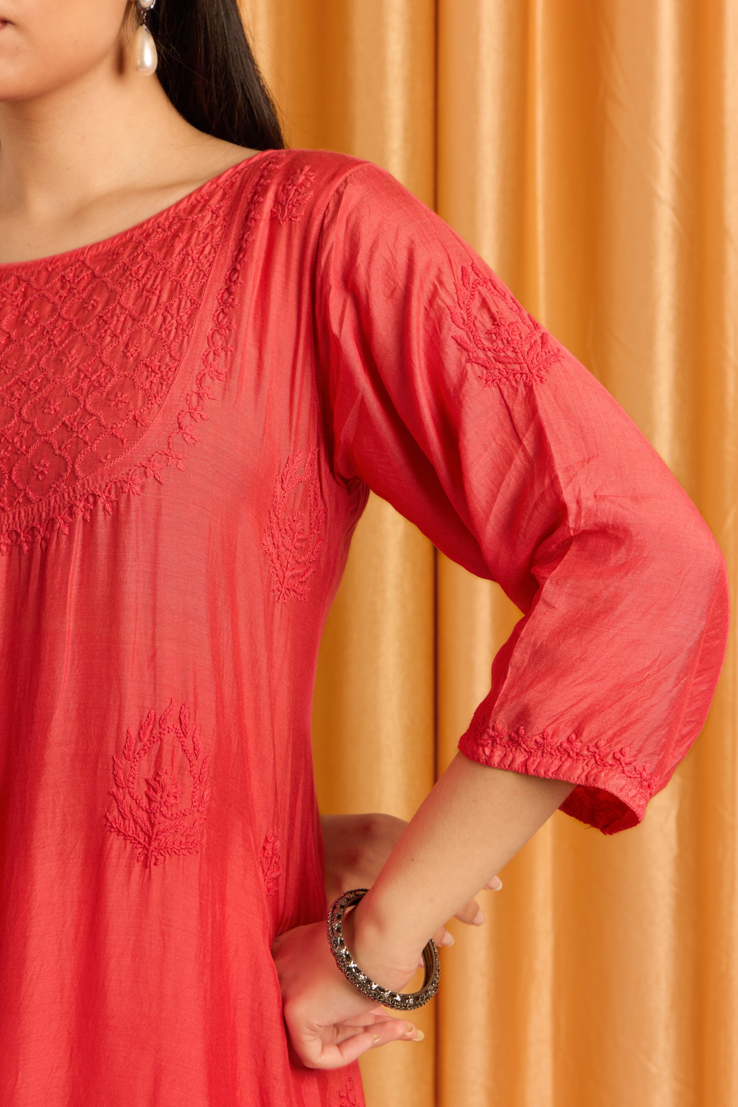 Vibrant Crimson Red Chikankari Ombre Kurti
