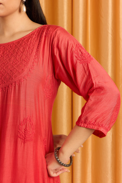 Vibrant Crimson Red Chikankari Ombre Kurti