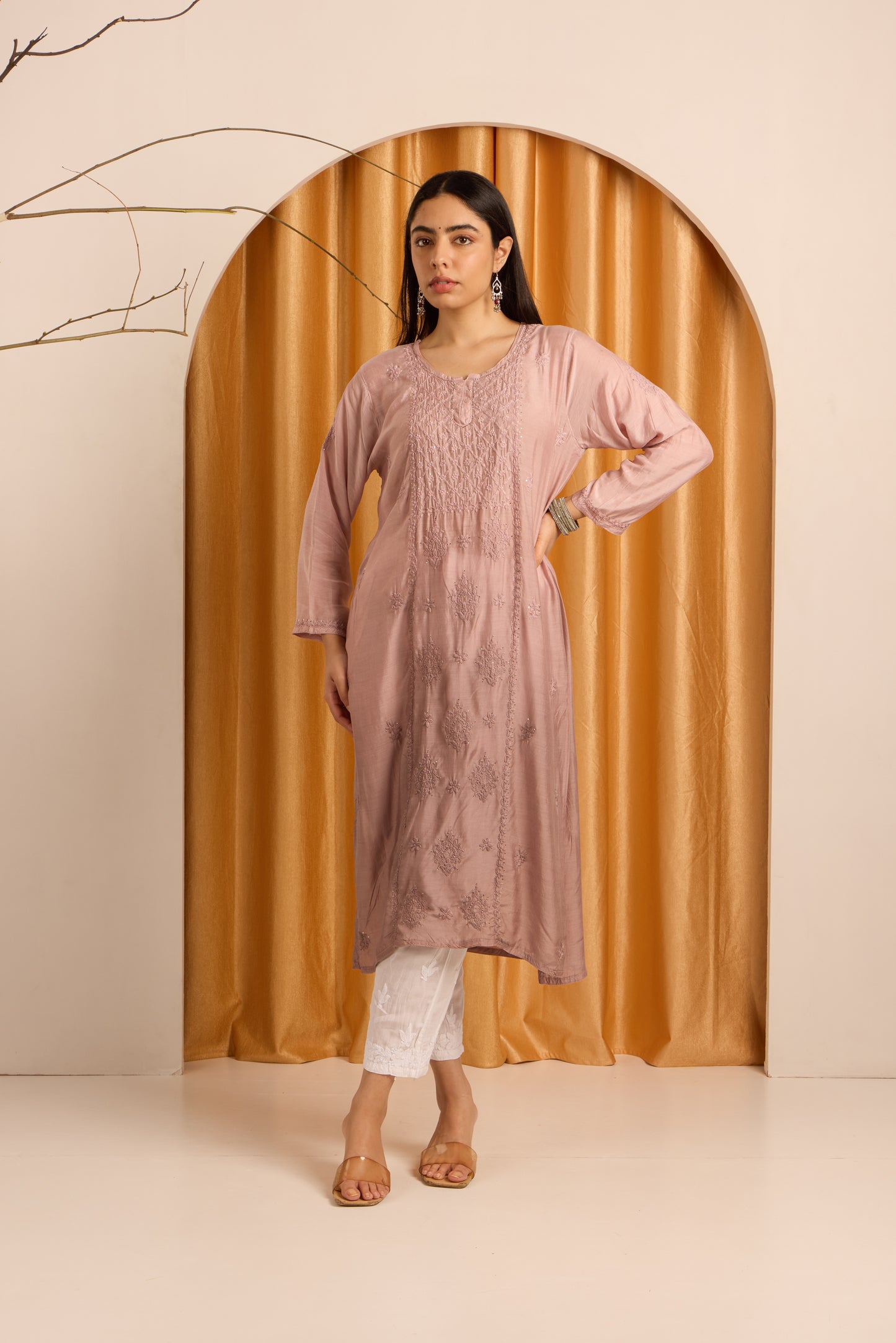 Elegant Nude Beige Chikankari Kurti with Mukaish work