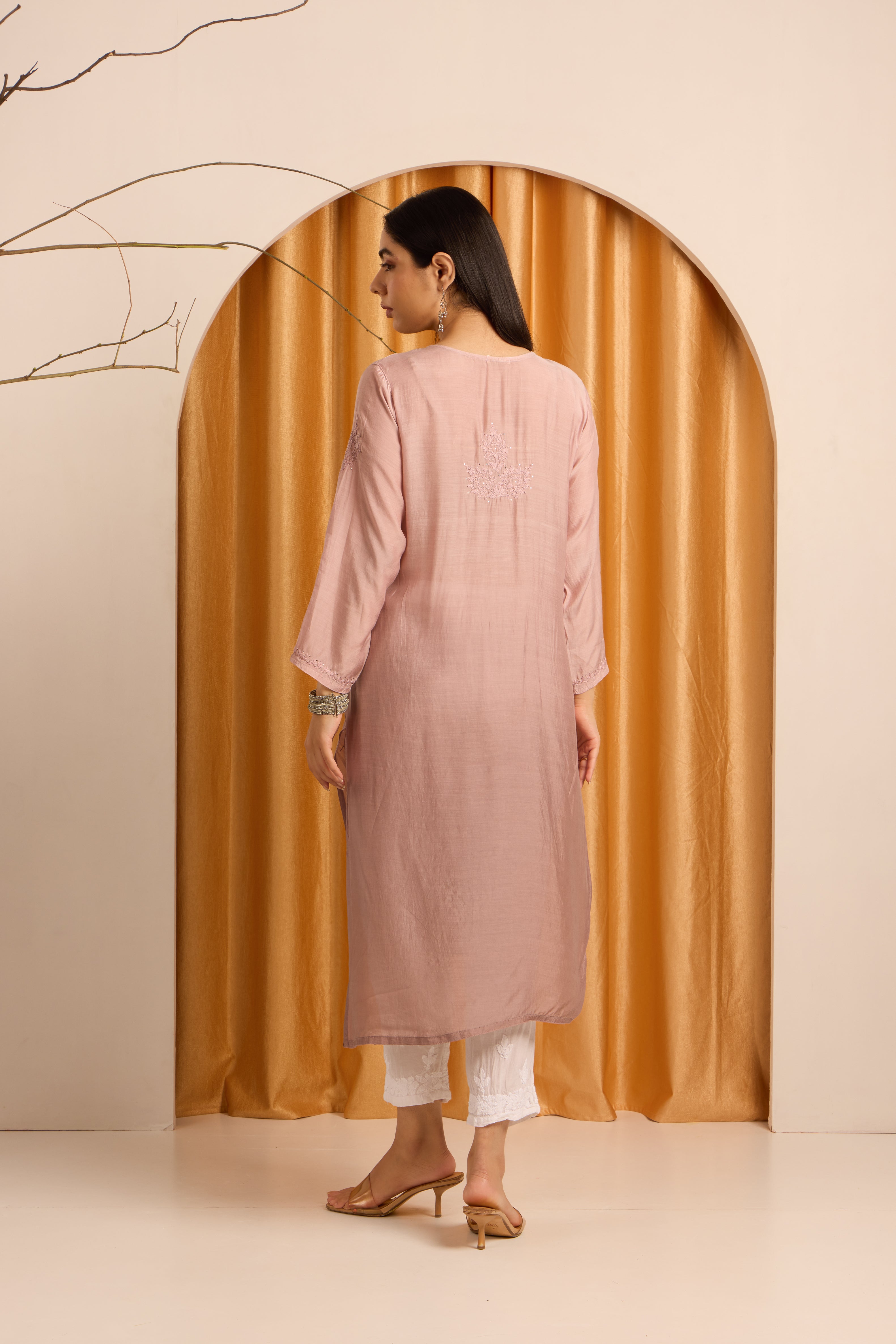 Elegant Nude Beige Chikankari Kurti with Mukaish work