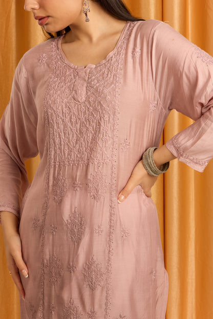 Elegant Nude Beige Chikankari Kurti with Mukaish work