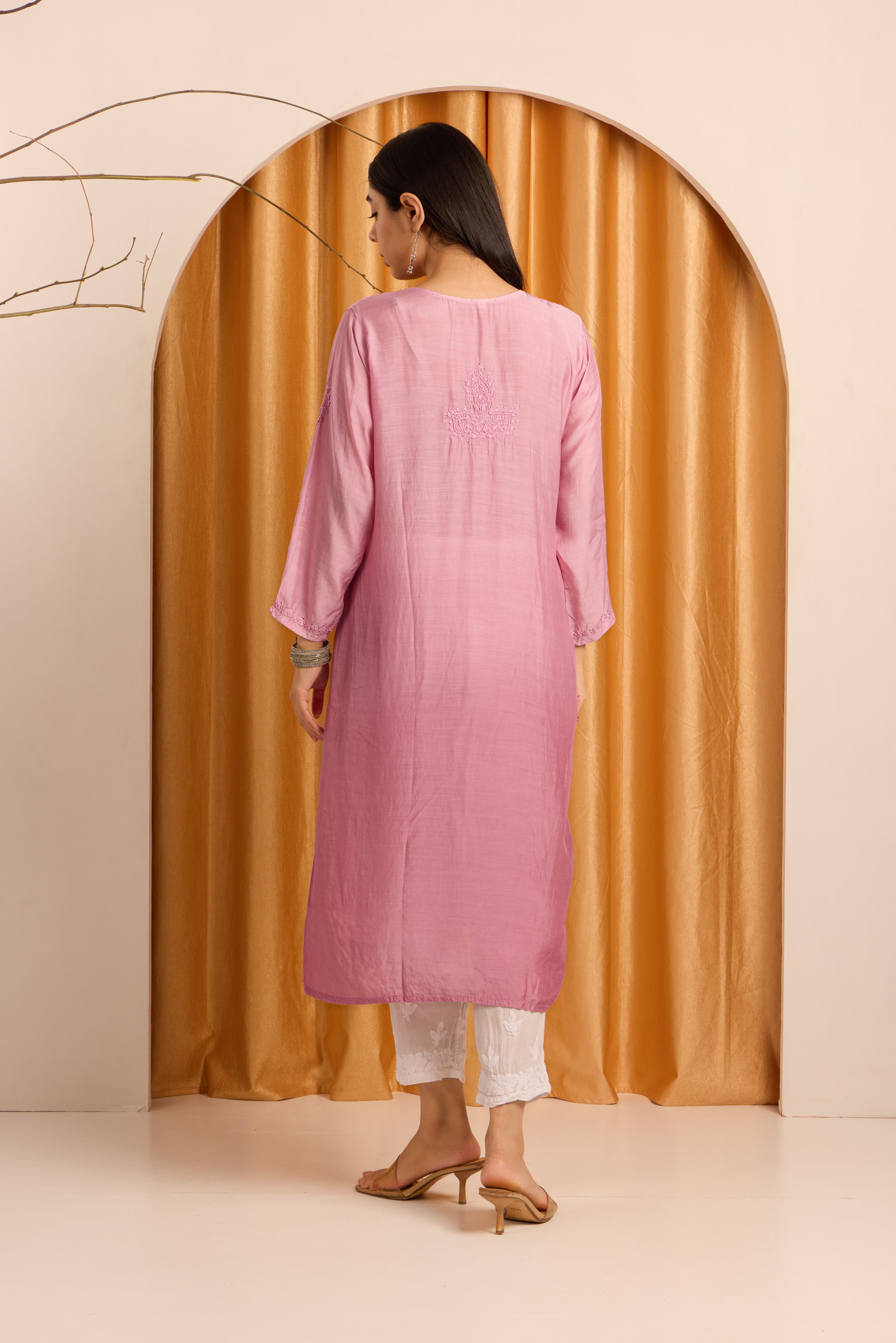 Enchanting Rose Pink Chikankari Muslin Kurti with Mukaish work
