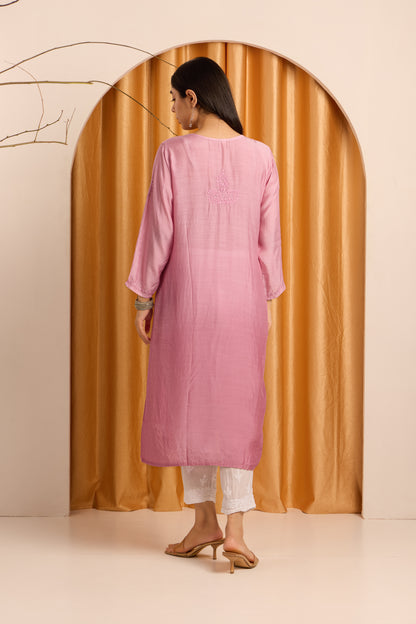 Enchanting Rose Pink Chikankari Muslin Kurti with Mukaish work