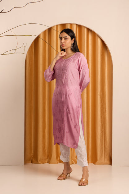 Enchanting Rose Pink Chikankari Muslin Kurti with Mukaish work