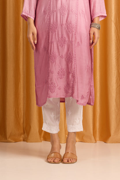 Enchanting Rose Pink Chikankari Muslin Kurti with Mukaish work