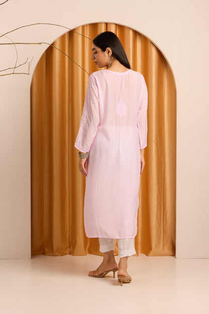 Graceful Blush Pink Chikankari Muslin Kurti with Mukaish work