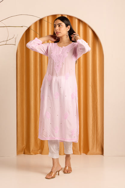 Graceful Blush Pink Chikankari Muslin Kurti with Mukaish work