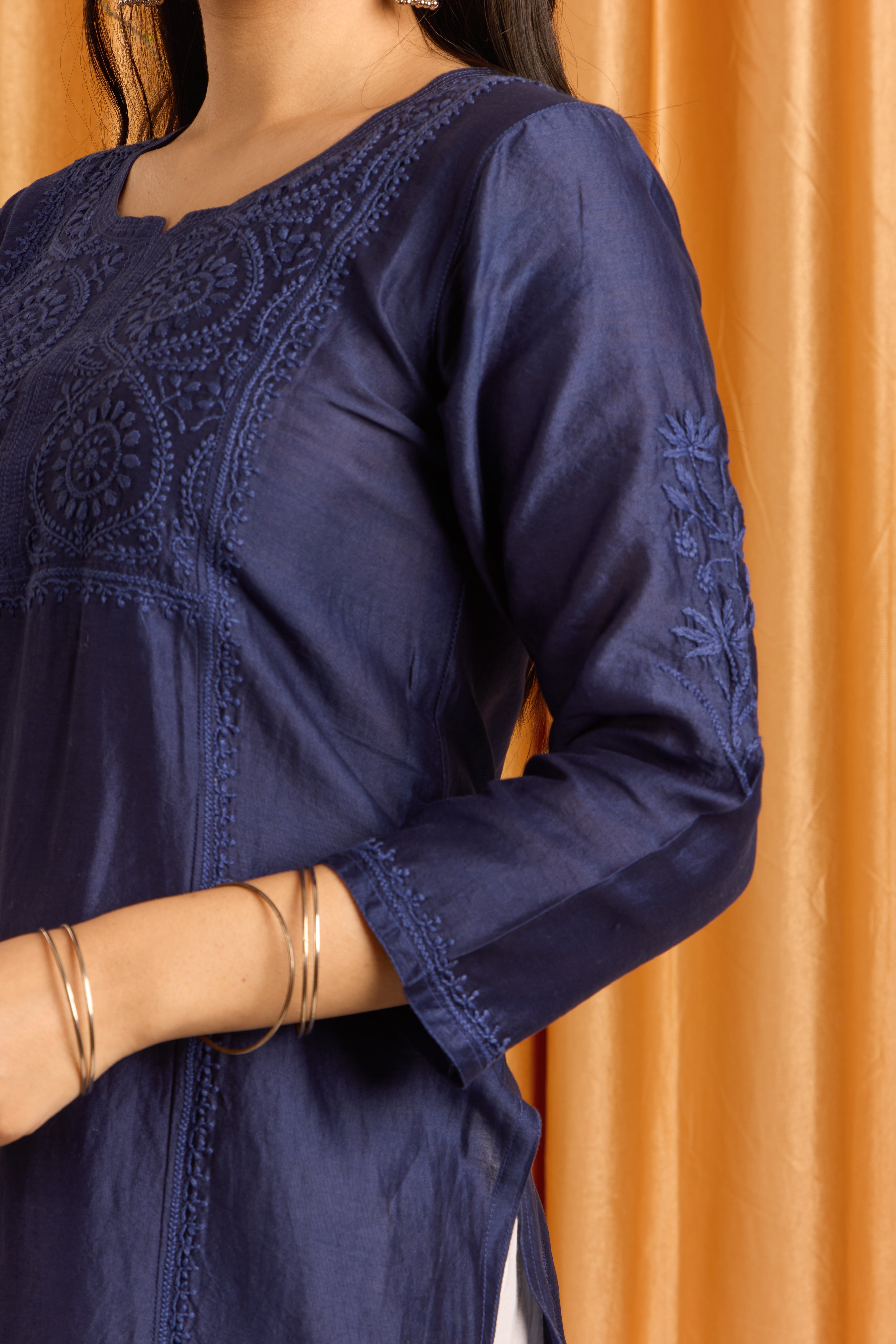 Navy Majesty Chikankari Pure Chanderi Kurti